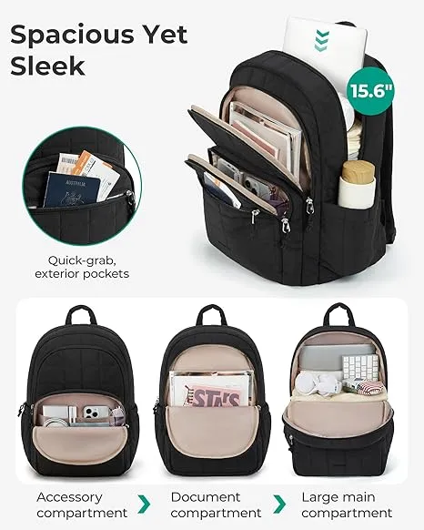 BAGSMART College Laptop Backpack, Travel Backpack for Women, Quilted Casual Daypack, Water-Resistant Bookbag for 15.6 Inch Laptop, Black