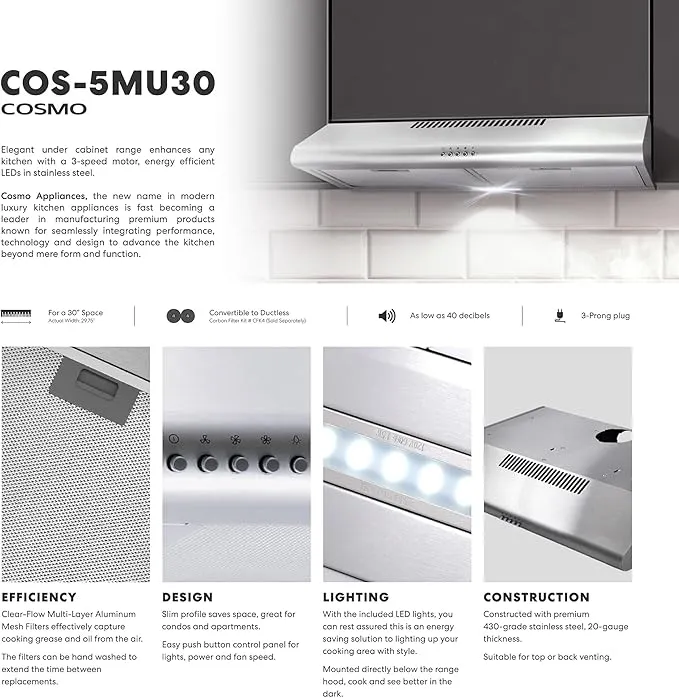 COSMO COS-5MU30 30 in. Delta Collection Ducted Under Cabinet Range Hood, Button Controls, Reusable Filters, LED Lights, Stainless Steel