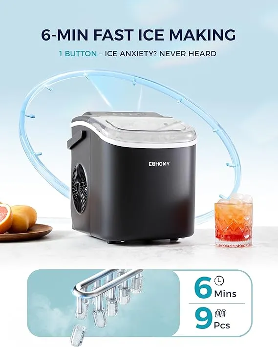 EUHOMY Countertop Ice Maker Machine with Handle, 26lbs in 24Hrs, 9 Ice Cubes Ready in 6 Mins, Auto-Cleaning Portable Ice Maker with Basket and Scoop, for Home/Kitchen/Camping/RV. (Black)