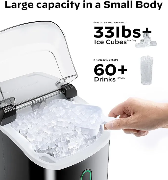 Silonn Nugget Ice Maker Countertop, Portable Pellet Ice Machine with Self-Cleaning Function, Sonic Ice Maker Produces 33lbs of Chewable Ice in 24 Hours, Ideal for Home Kitchen and Office, Bla