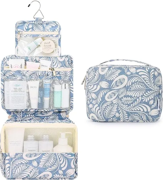 Mossio Hanging Toiletry Bag with Sturdy Hook - Large Portable Cosmetic Makeup Travel Organizer for Men & Women Blue Leaf