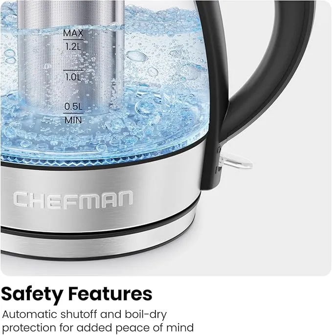 CHEFMAN Electric Kettle - 1.2L 1500W Hot Water Tea Pot with Infuser, BPA Free, Auto Shut Off, Boil-Dry Protection, Removable Lid, LED Light, Cordless Glass Electric Tea Kettle – Stainless Ste