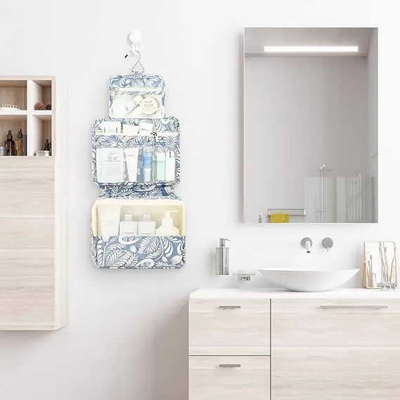 Mossio Hanging Toiletry Bag with Sturdy Hook - Large Portable Cosmetic Makeup Travel Organizer for Men & Women Blue Leaf