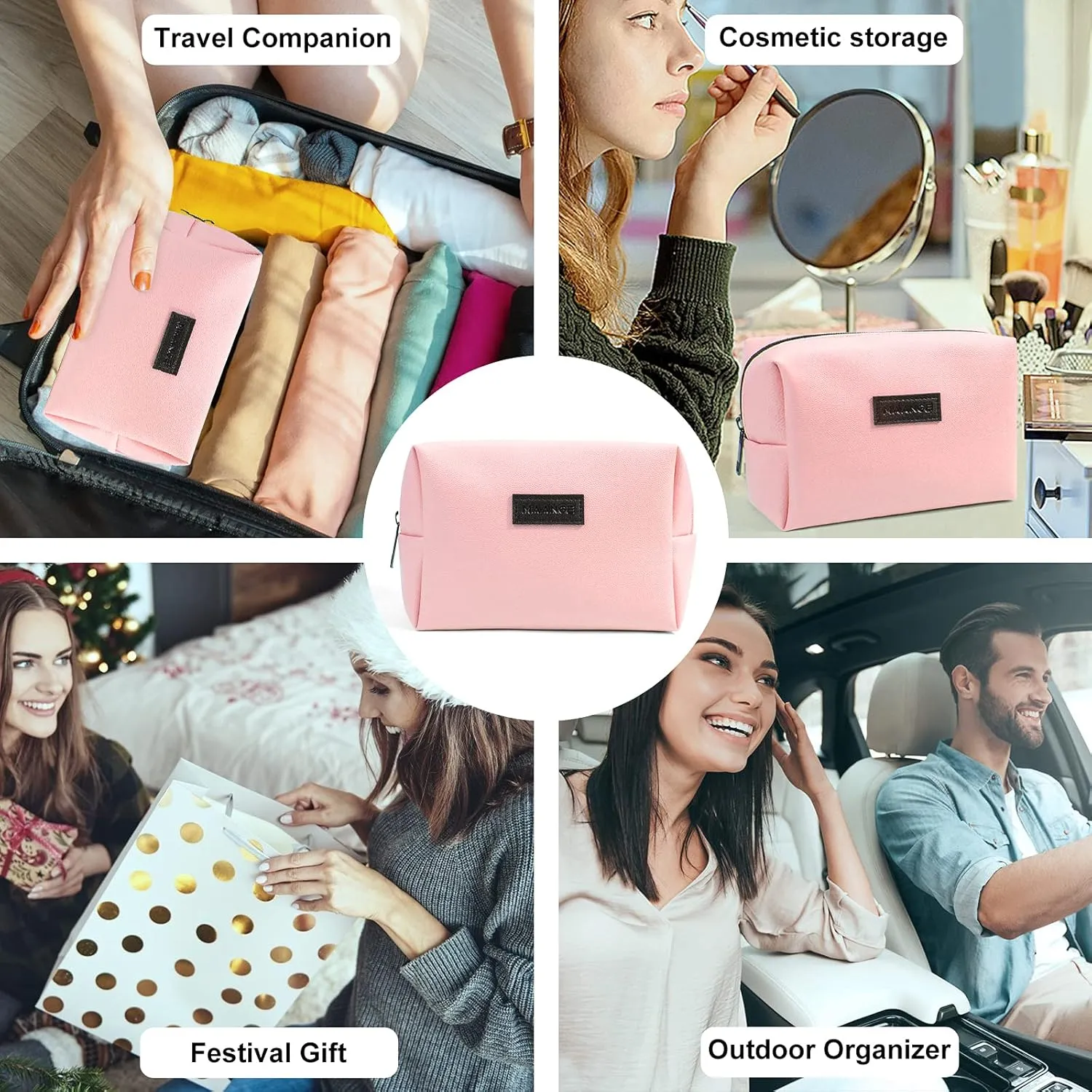 MAANGE Small Makeup Bag For Purse, Travel Cosmetic Bag Makeup Pouch PU Leather Portable Versatile Zipper Pouch For Women (Pink)