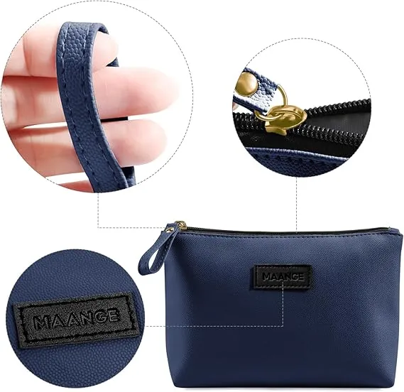 Cosmetic Bags for Women Small Makeup Bag for Purse Pu Leather Makeup Pouch Travel Makeup Bag with Zipper Make Up Bag for Travelling (Dark Blue)