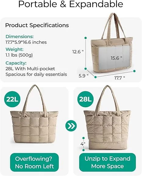 BAGSMART Expandable Tote Bag for Women, Zippered Puffer Design with Water-Resistant Quilted, Nurse and Carry-On Travel Bag, Desert